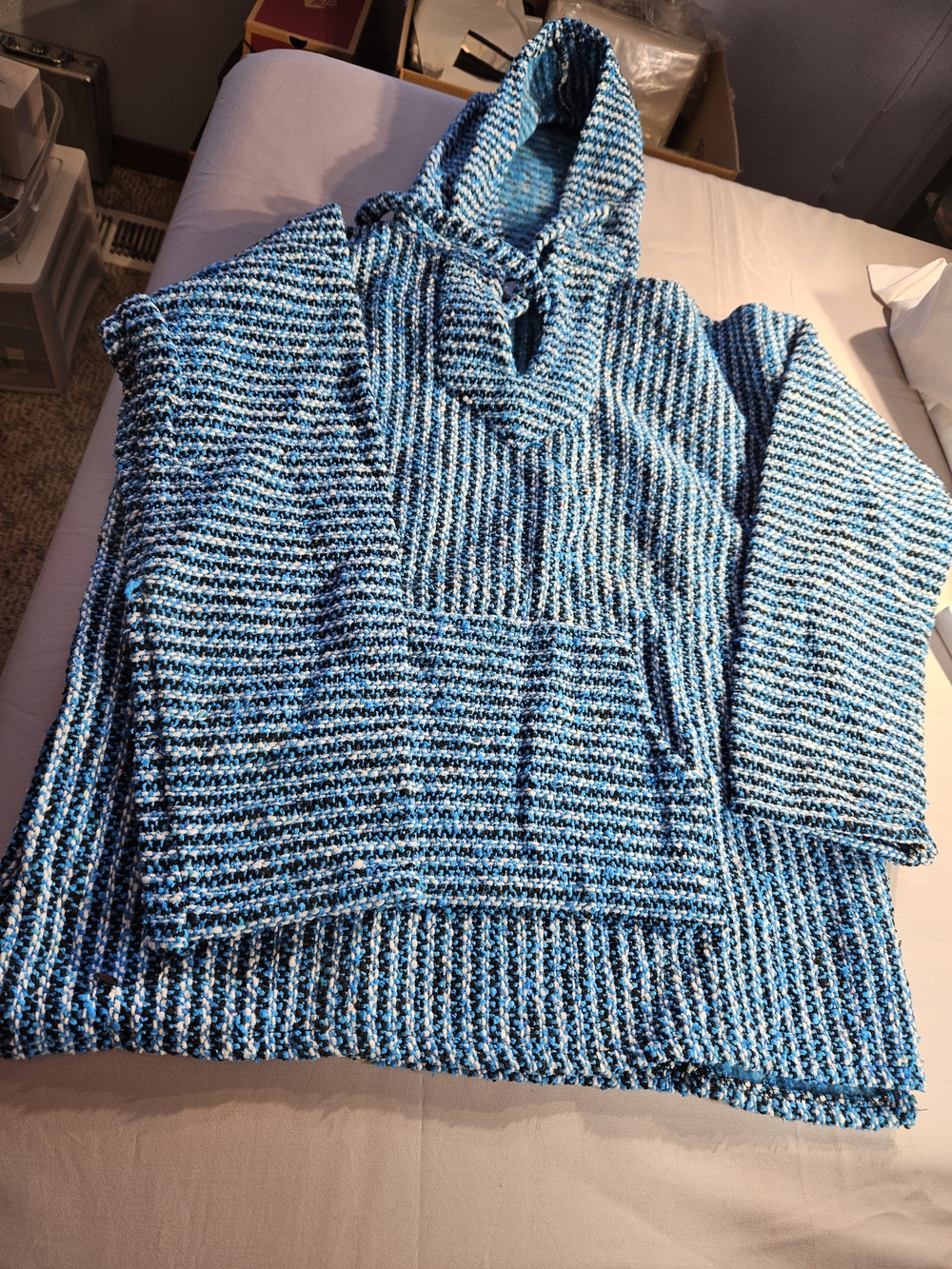 Striped BaJa Blue Hoodie Poncho Sweater Sz M